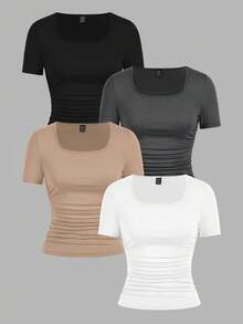 SHEIN EZwear 4 件套休闲纯色百搭方领短袖 T 恤，适合秋夏季，加大码 - 彩色 - 查看 13