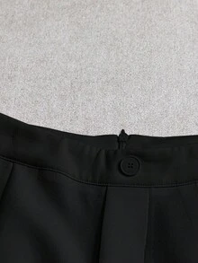 Franclia 纯色，修身，真口袋，收腰设计，3D荷叶边装饰，拉链，纽扣，假日，度假，优雅，休闲，通勤，简约，性感，时尚女士喇叭短裤，春夏 - 黑色 - 查看 4