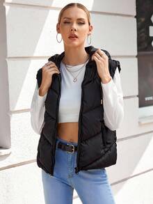 EURMUSE Zip Up Drawstring Hooded Vest Puffer Coat - Black - View 6