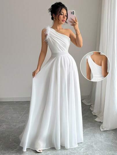 Vestido sin mangas de cuello asimétrico de unicolor etéreo vintage francés