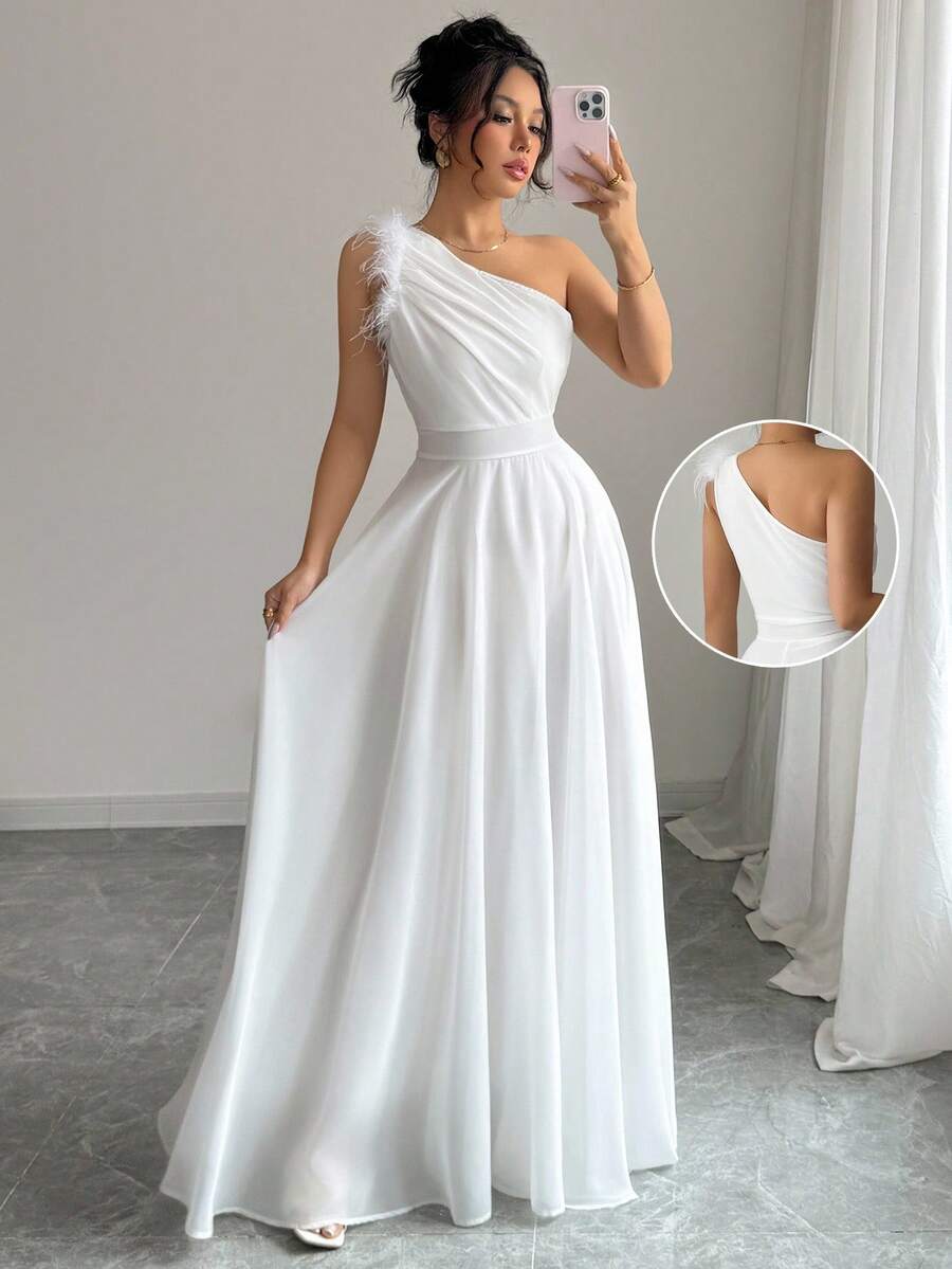 Váy không tay cổ lệch màu trơn kiểu Pháp cổ điển - trắng - Xem 1