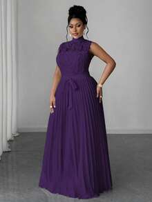 Maweii 大码优雅蕾丝拼布褶皱腰连衣裙 - 紫色 - 查看 5