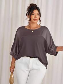 Cravure Plus Size Round Neck 3/4 Sleeve Foil Fabric Patchwork Contrast Color Woven Fabric Cuff Raglan Sleeve Casual Outgoing Vacation Commute Party Pullover Shirt - Rust Brown - View 1