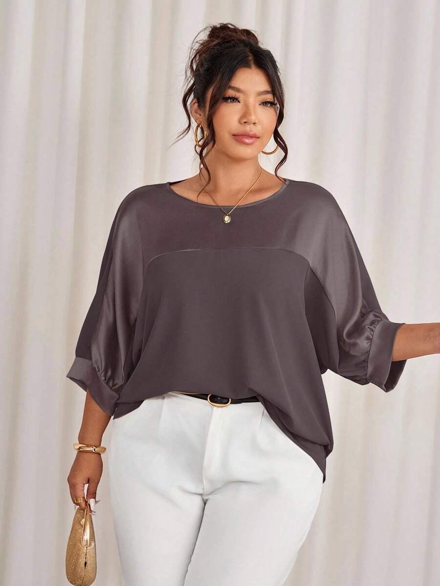 Cravure Plus Size Round Neck 3/4 Sleeve Foil Fabric Patchwork Contrast Color Woven Fabric Cuff Raglan Sleeve Casual Outgoing Vacation Commute Party Pullover Shirt - Rust Brown - View 1