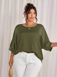 Cravure Plus Size Round Neck 3/4 Sleeve Metallic Fabric Patchwork Color-Blocking Raglan Sleeve Casual Blouse For Outing, Vacation, Commute, Party - Army Green - View 1