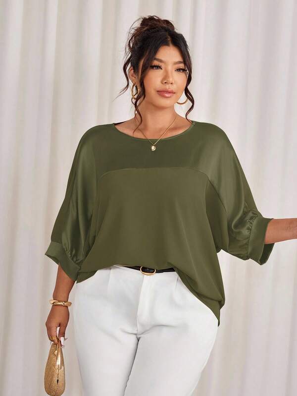 Cravure Blusa casual de manga 3/4 con cuello redondo, de tela metálica con patchwork y bloqueo de color en las mangas raglán, para salir, vacaciones, ir al trabajo, fiestas (tallas grandes)