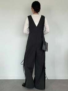 FRIFUL 女士纯色侧系带宽松休闲连体裤，秋季简约连体裤，无袖连体裤，阔腿连体裤 - 深灰色 - 查看 6