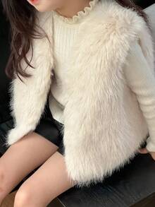 DAZY Young Girl Fluffy Vest Jacket Fall, Winter - Camel - View 4