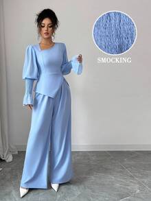 Selianne 2pcs Set: Elegant Romantic Asymmetric Collar Cinched Waist Split Hem Straight Leg Pants, Women Fall Cloth For Women - Dusty Blue - View 7