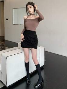 DAZY 女式交叉下摆紧身裙秋季半身裙