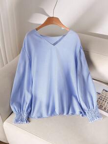 CosyJoli Áo sơ mi sọc dài tay cổ chữ V rộng rãi, tối giản, thoải mái, đa năng, cỡ lớn dành cho nữ, mùa thu/đông - Xanh và trắng - Xem 1