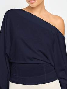 AiiRZ 棉质超大露肩蝙蝠袖束身衣上衣垂坠晚会场合衬衫优雅蝙蝠袖合身腰部个性单品戏剧性设计时尚上衣 - 藏蓝色 - 查看 4