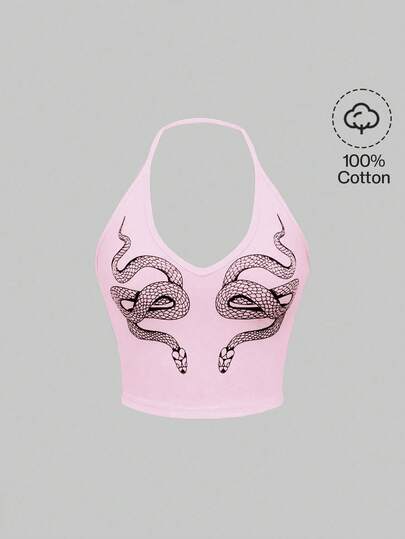 Goth Camiseta de tirantes finos y ajustada con estampado de serpiente para mujeres