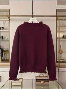 EMERY ROSE 女式荷叶边纽扣前开衫，纯色，秋冬 - 紅色 - 查看 2