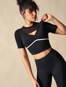 VARSIVA Women's Casual Sports Mesh Patchwork Round Neck T-Shirt - Black - View 6