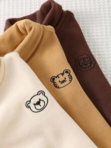 Cozy Pixies 3 pezzi Magliette per bambino con ricamo orsetto, adatte per inverno e autunno. 3 pezzi Magliette a girocollo in maglia morbida tinta unita per bambino, stile casual di base semplice e carino, adatte per autunno/inverno, uso interno/esterno, sci, quotidiano, sport, feste, servizi fotografici, vacanze, con fodera termica e imbottitura