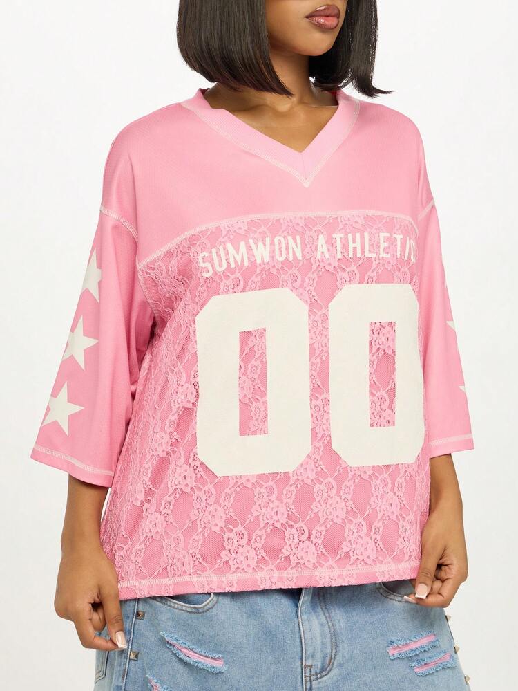 SUMWON WOMEN Oversized Lace Panel V-Neck Jersey With Stars