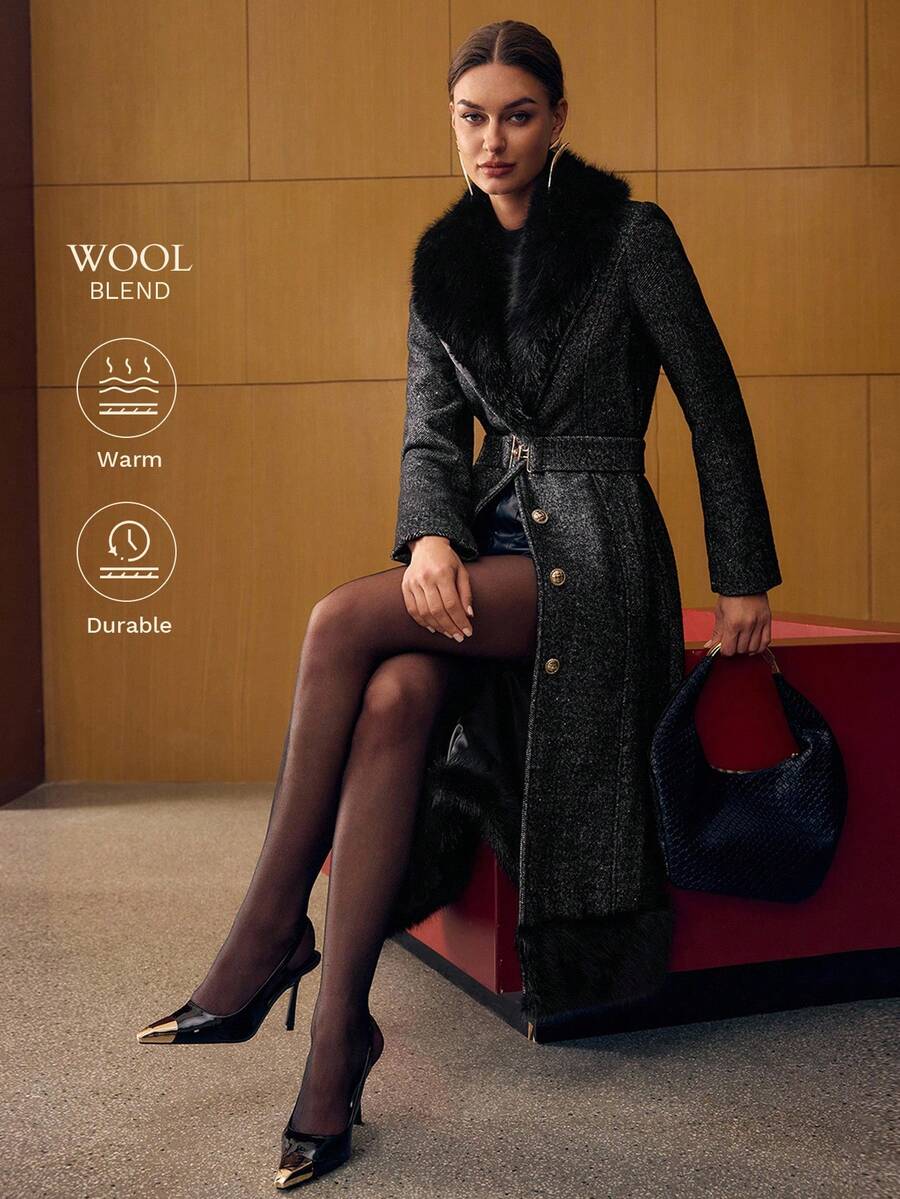 MOTF PREMIUM WOOL CONTRAST FUZZY TRIM BELTED OVERCOAT, AUTUMN/WINTER