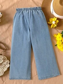 SHEIN 十幾歲女孩的休閒寬腿牛仔褲,有大口袋和褶皺腰帶,適合度假或日常穿著 - 淺色水洗藍 - 查看 6