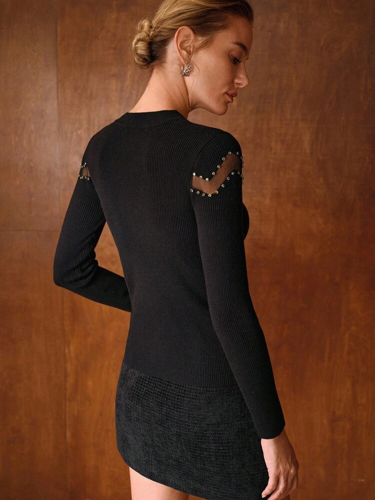 Maglione elegante da donna a collo equipaggio, aderente, a maniche lunghe, in maglia, colore nero, adatto per l'autunno