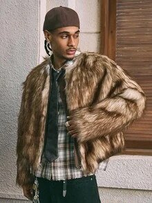 AXEPEAK 男士休闲拉链圆领仿皮草夹克，秋冬 - 咖啡棕 - 查看 6