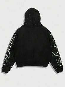 ROMWE MEN Street Life Men's Street Floral Letter Print Zip Up Front Casual Hooded Sweatshirt , Fall Winter