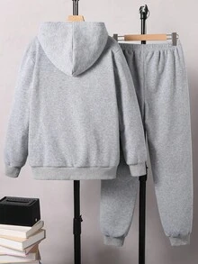 SHEIN 两件套青少年男孩灰色拉链连帽休闲运动服 - 灰色 - 查看 2
