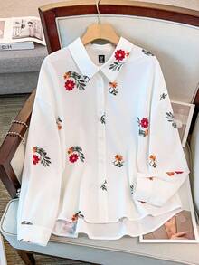 Regalyn Plus Size Women's Stand Collar Long Sleeve Printed Casual Versatile Shirt, Suitable For Daily Commute, Leisure And Home Wear, Minimalist Fashion Fall Cloth For Women