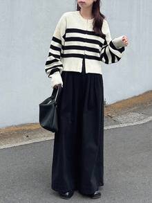 FRIFUL Women's Beige Round Neck Loose Casual Cardigan With Black Stripes, Metal Double-Zipper Cuffs, Versatile For Autumn - Black - View 2