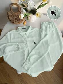 Comfortcana 女士新款条纹刺绣宽松上衣和裤子套装 - 綠色 - 查看 4