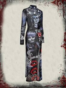 The Conjuring X ROMWE Horror Halloween Figure Graphic Mesh Sheer High Slit Dress - Multicolor - View 3