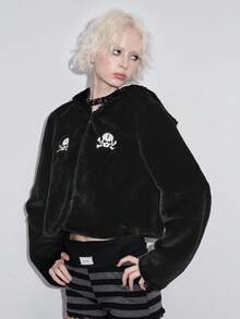 ROMWE Goth 哥特式深色骷髅人造毛皮柔软百搭女士万圣节人造毛皮夹克 - 黑色 - 查看 4