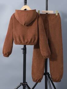 2 件套青少年女孩休闲纽扣式连帽衫和松紧腰裤套装 - 棕色 - 查看 2