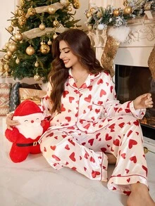 SHEIN MuseNap CURVE Plus Size Heart Print Lapel Cardigan & Pants Set For Autumn/Winter  Cozy And Elegant Details, Fall Clothes - White - View 1