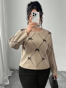 Modelyn 大码女式圆领撞色蝴蝶结装饰落肩休闲针织套头衫 - 卡其色 - 查看 5