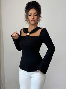 Selianne Áo thun nữ dáng ôm khoét lỗ màu trơn thanh lịch dành cho người đi làm - màu đen - Xem 4