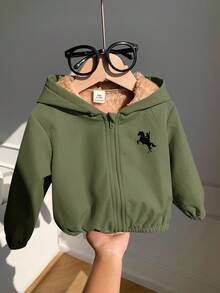 SHEIN 男女通用婴儿休闲可爱百搭卡其色羊毛加厚连帽夹克，男婴/女婴秋冬装 - 軍綠色 - 查看 7