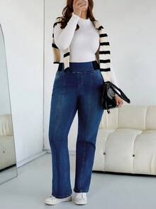 SHEIN CURVE+ Women Plus Retro Dark Blue Autumn And Winter High-Elastic Flared Jeans,All,Halloween Costumes, Country Style For Women, Chic Autumn - Dark Wash - View 5