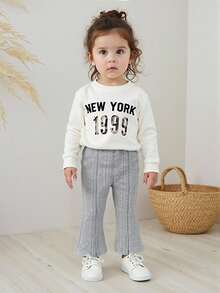 SHEIN 1 件婴儿女孩/幼儿舒适休闲针织麦穗图案喇叭裤，适合秋冬外出、上学、旅行和各种场合