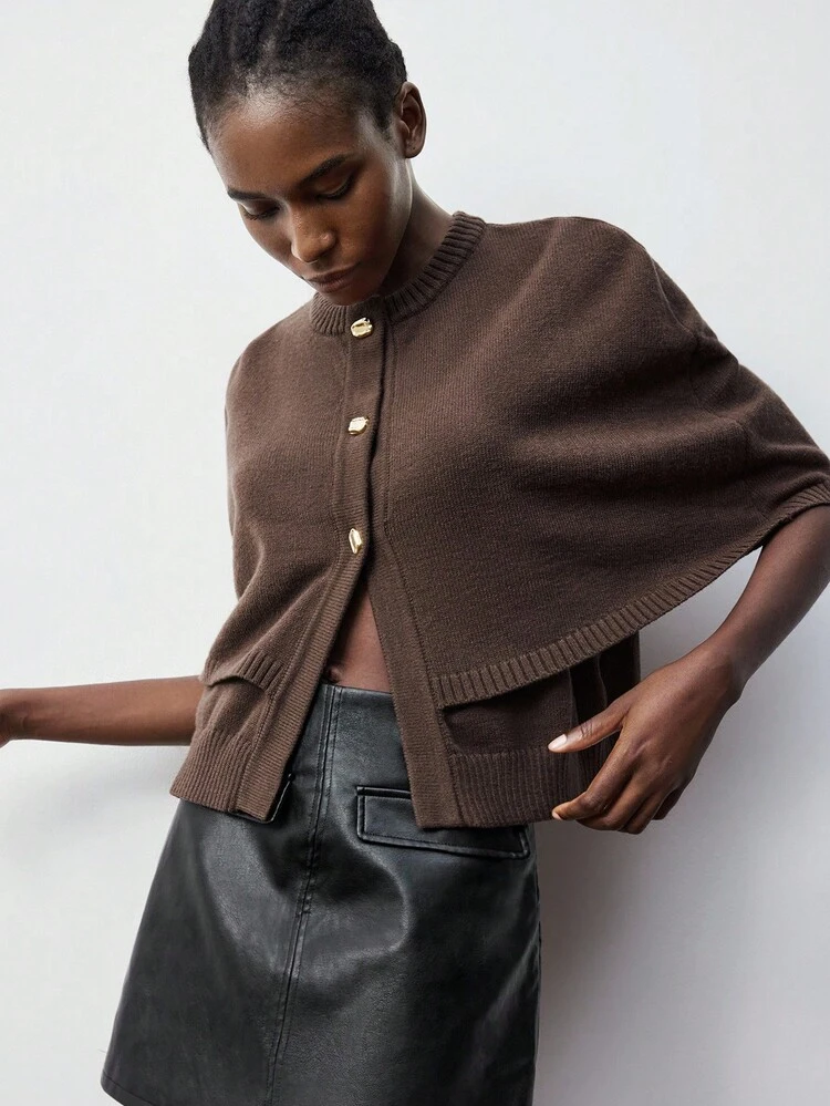 SHEIN Maija Women's Elegant Solid Color Shawl Collar Cardigan, Suitable For Commuting In Autumn Brown Sweater Brown Cardigan Chocolate Brown Top,Winter Clothes