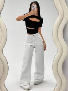SHEIN ICON Casual Versatile Solid Color Loose Straight Leg White Jeans - White - View 5