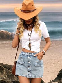 SHEIN Tall 纯色高腰纽扣牛仔短裤 - 淺色水洗藍 - 查看 5