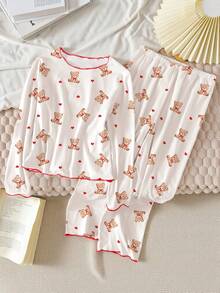 Genkimix Kids Tween Girls Pajama Set, White Base With Cute Cartoon Bear Print + Contrast Red Heart, Long Sleeve Top And Pants, Casual Loungewear Fall Winter Bear Pajamas Cute Pajamas - White - View 5