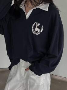 DAZY Women's Casual Loose Fit Drop Shoulder T-Shirt With Embroidered Deer,Graphic Tees,Back To School Clothes