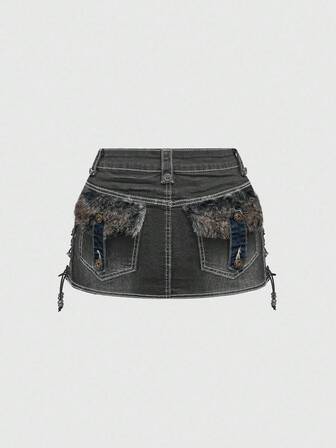 Grunge Punk Y2K Retro Millennium Sexy Pocket Patchwork Furry Drawstring Design Bodycon Mini Skirt (With Leggings)