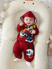SHEIN 2pcs/Set Newborn Baby Boy Girl Cute Cartoon Print Long Sleeve Burgundy Sweatshirt & Elastic Waist Pants Outfit,Autumn Family Matching Toddler Clothes - Red - View 3