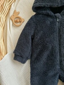 新生男婴可爱蓬松海军蓝卡通印花连帽连体衣 - 藏蓝色 - 查看 8