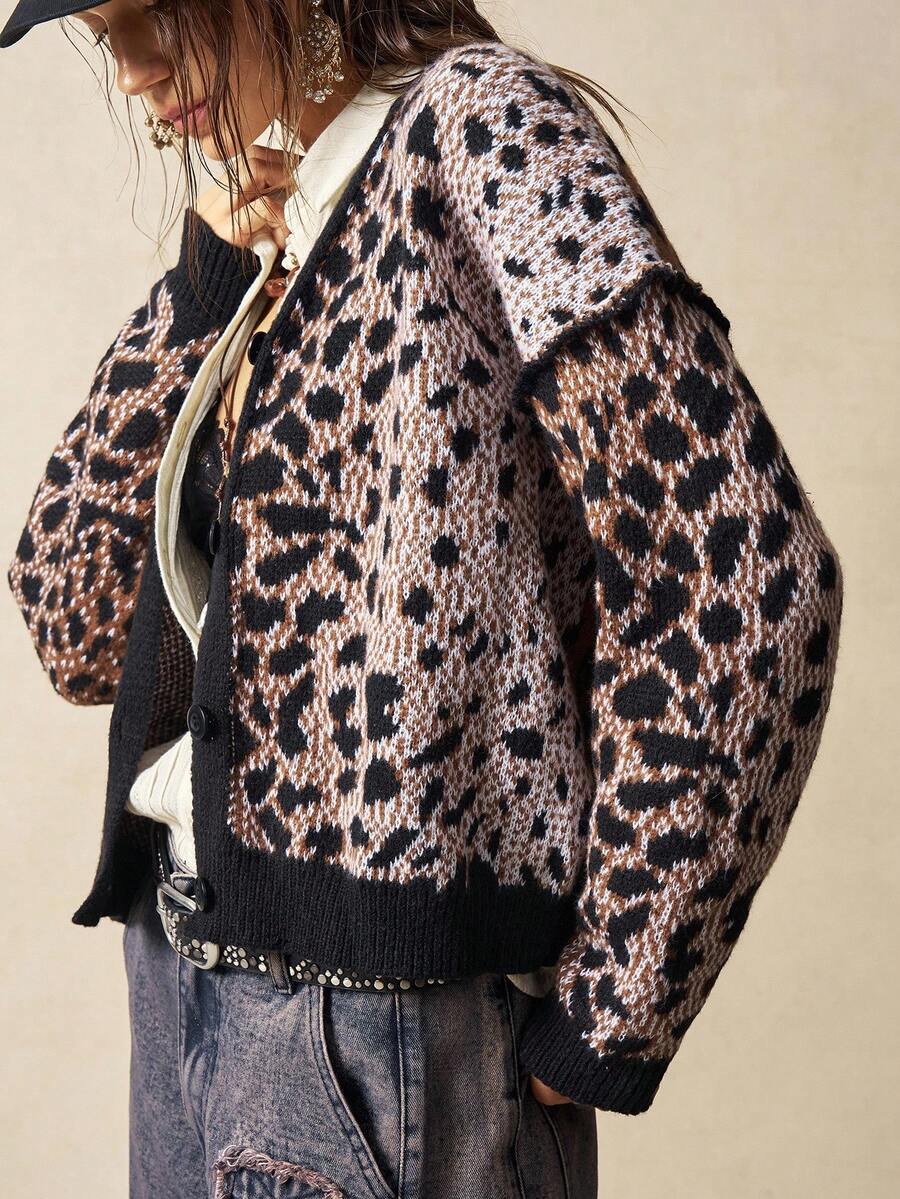 Bohemela Women's Casual Leopard Print Drop Shoulder Long Sleeve Knit Cardigan, Autumn/Winter