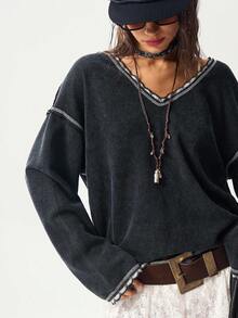 Bohemela 大码女式V领落肩长袖休闲宽松卫衣 - 黑色 - 查看 3