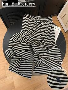 Resyla 女式高腰直筒休闲裤，马术条纹刺绣图案，百搭，春秋 - 彩色 - 查看 1